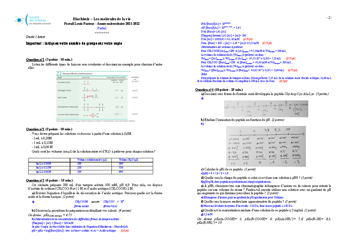 2021-2022 Partiel- BMV-Pasteur Final corrigé - Biochimie – Les