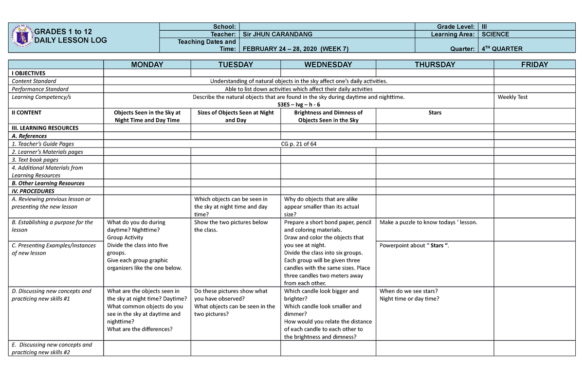 Science 3 Q4 W7 Dll None Grades 1 To 12 Daily Lesson Log School Grade Level Iii Teacher 9051