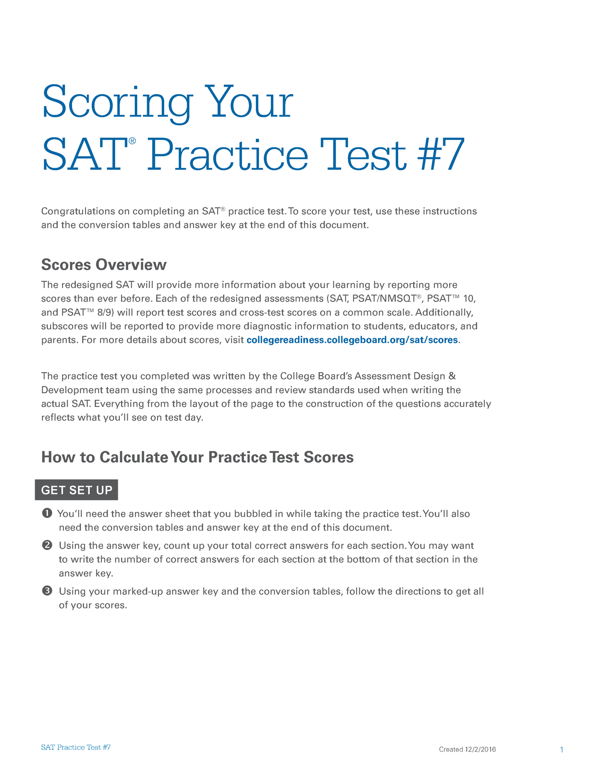 Scoring sat practice test 7 ü Scoring Your SAT ® Practice