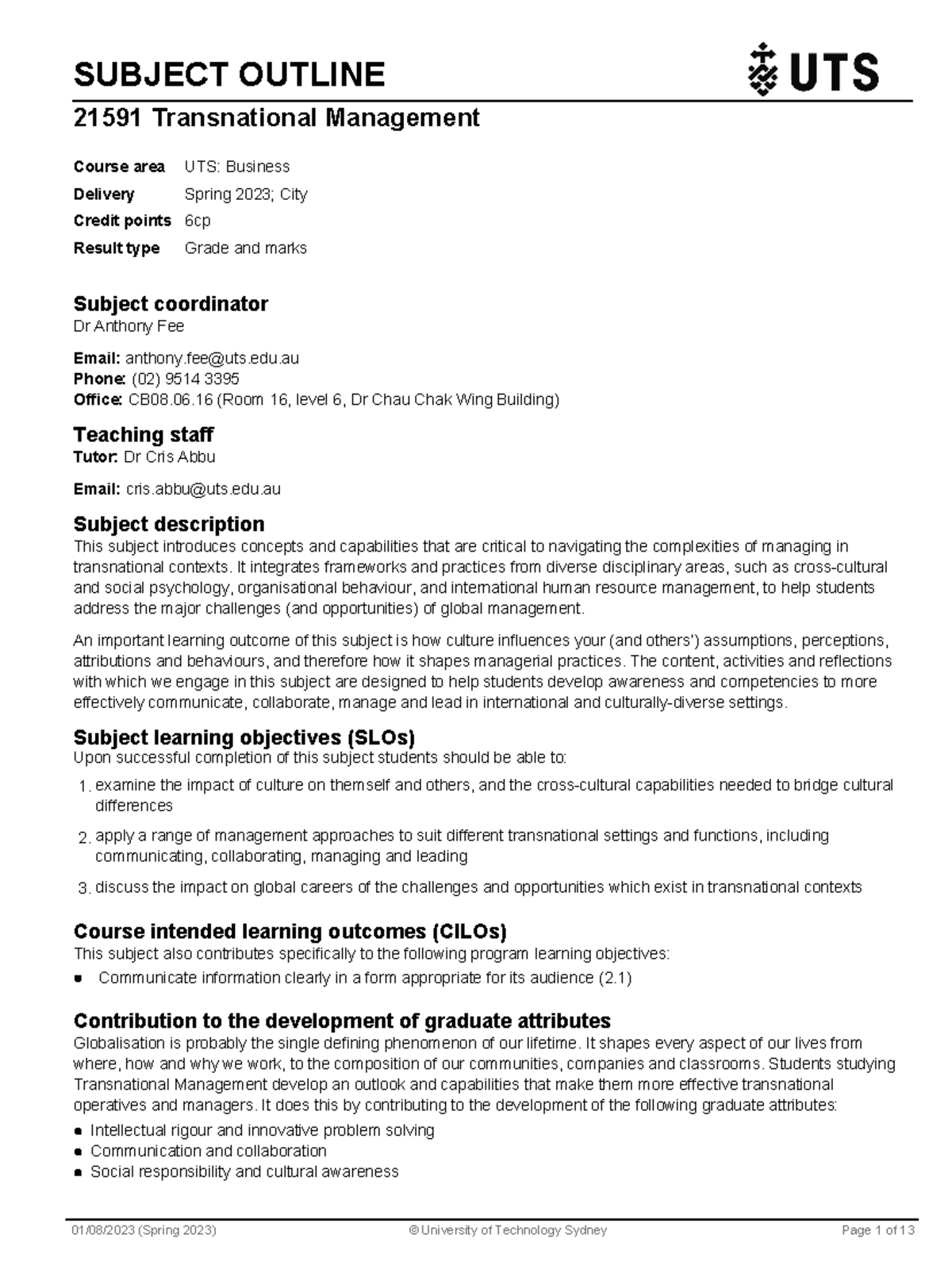 Transnational Management Subject Outline - SUBJECT OUTLINE 21591 ...