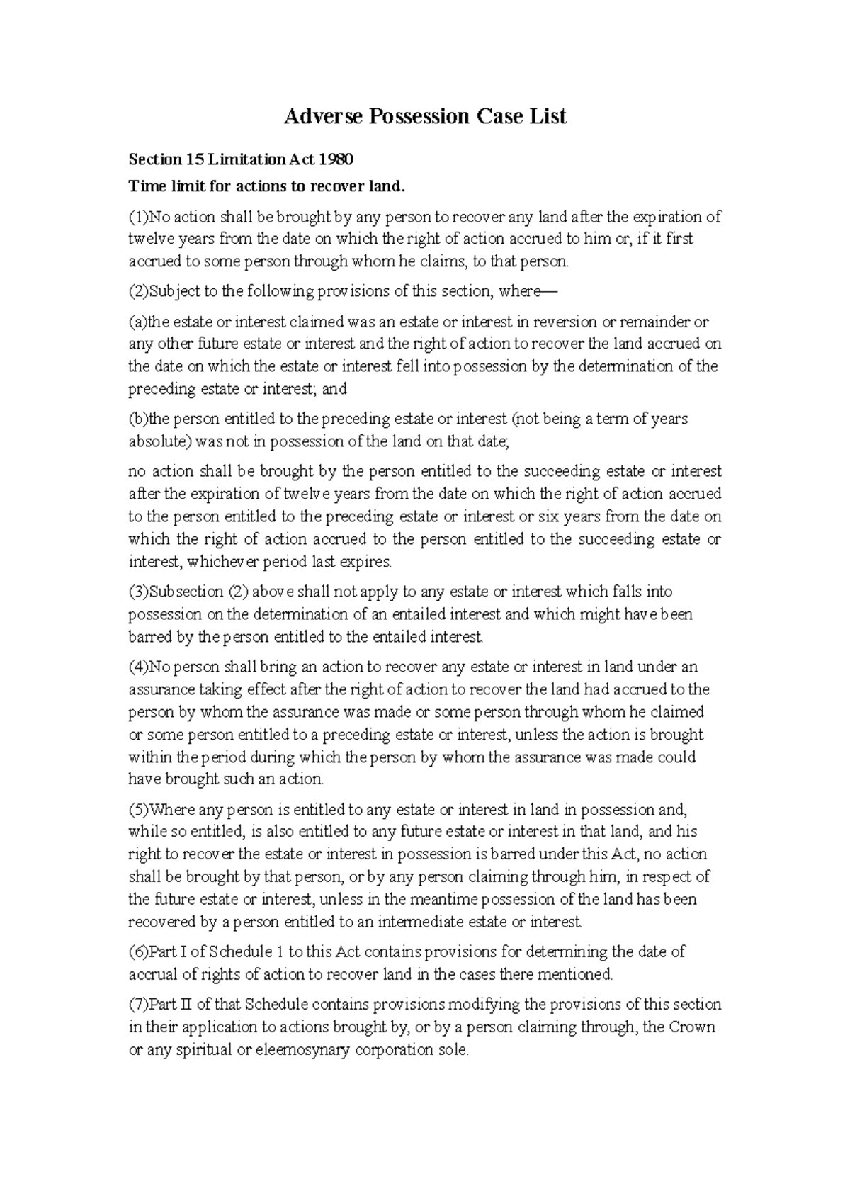 Adverse Possession Case List Adverse Possession Case List Section 15