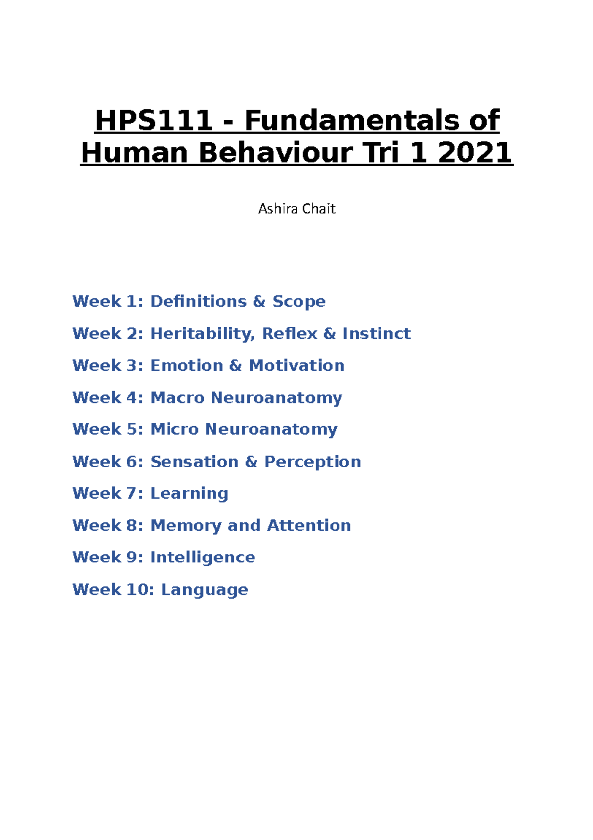 HPS111 - Notes - HPS111 - Fundamentals of Human Behaviour Tri 1 2021 ...