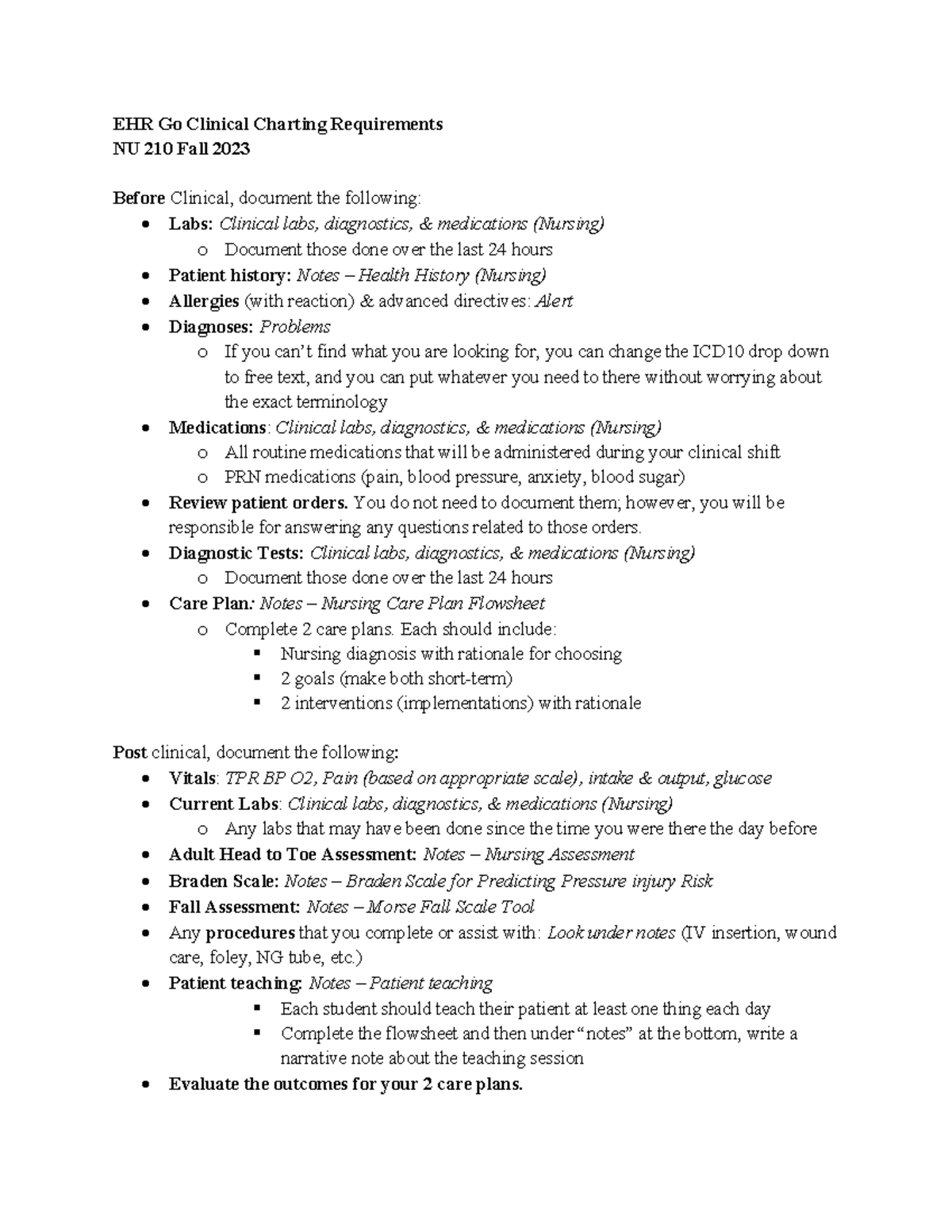 EHR GO Clinical Charting Requirements Fall 2023 - EHR Go Clinical ...