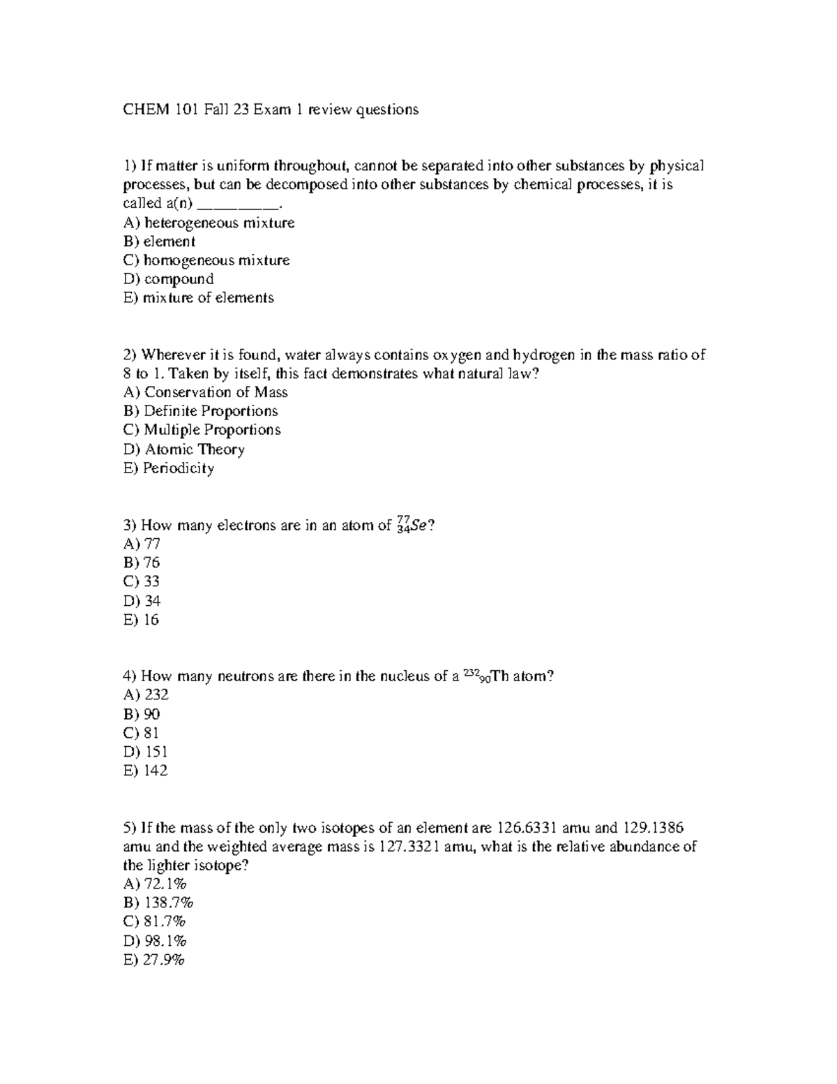 Review session 1 - good - CHEM 101 Fall 23 Exam 1 review questions 1 ...