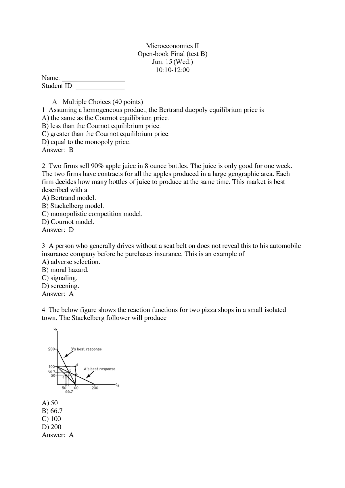 Final B-answer Key - Microeconomics II Open-book Final (test B) Jun. 15 ...