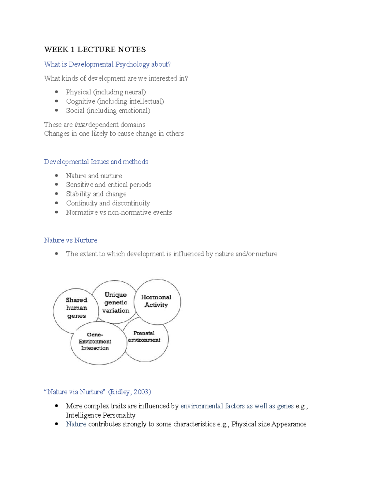 WEEK 1 Lecture Notes intp - WEEK 1 LECTURE NOTES What is Developmental ...