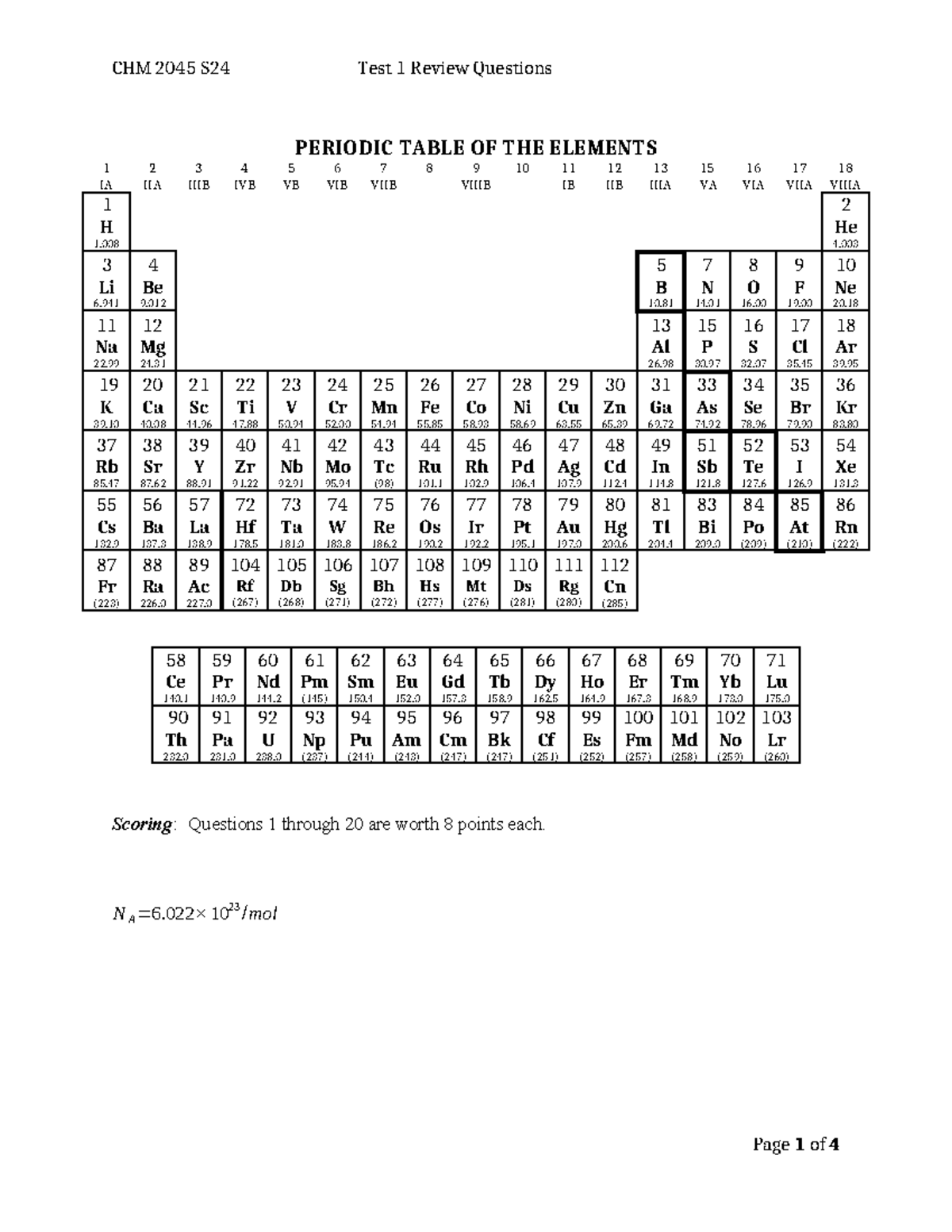 Test 1 (Answers) - notes - PERIODIC TABLE OF THE ELEMENTS 1 IA 2 IIA 3 ...