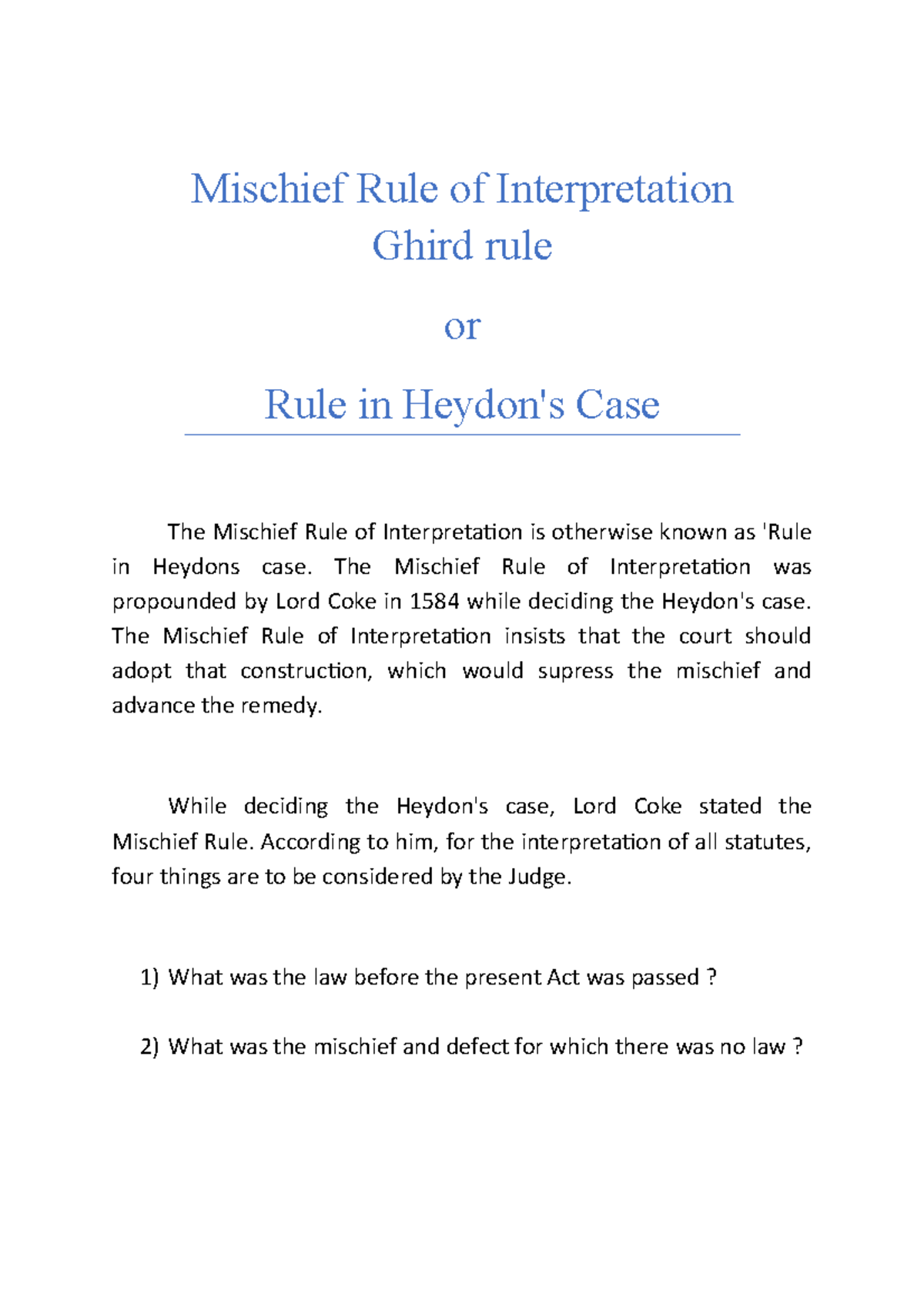 research paper on mischief rule of interpretation