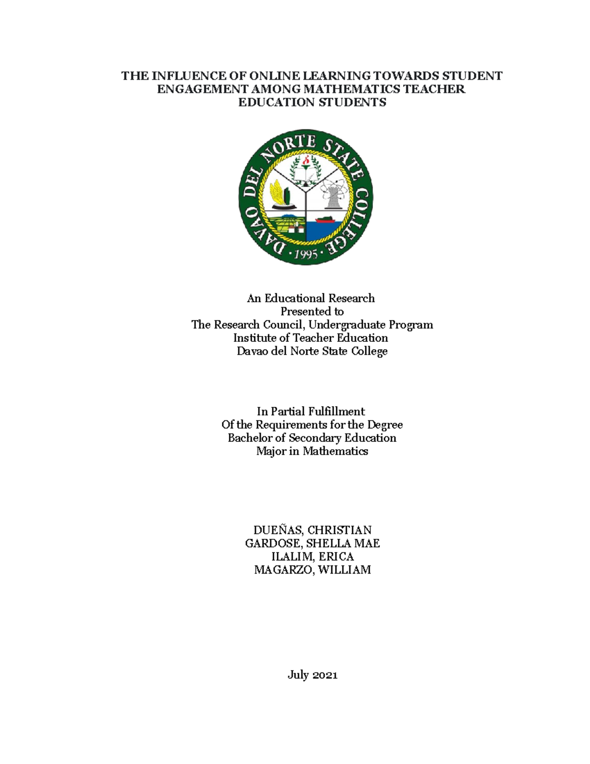G5-DNSC- Finalresearchlast - THE INFLUENCE OF ONLINE LEARNING TOWARDS ...