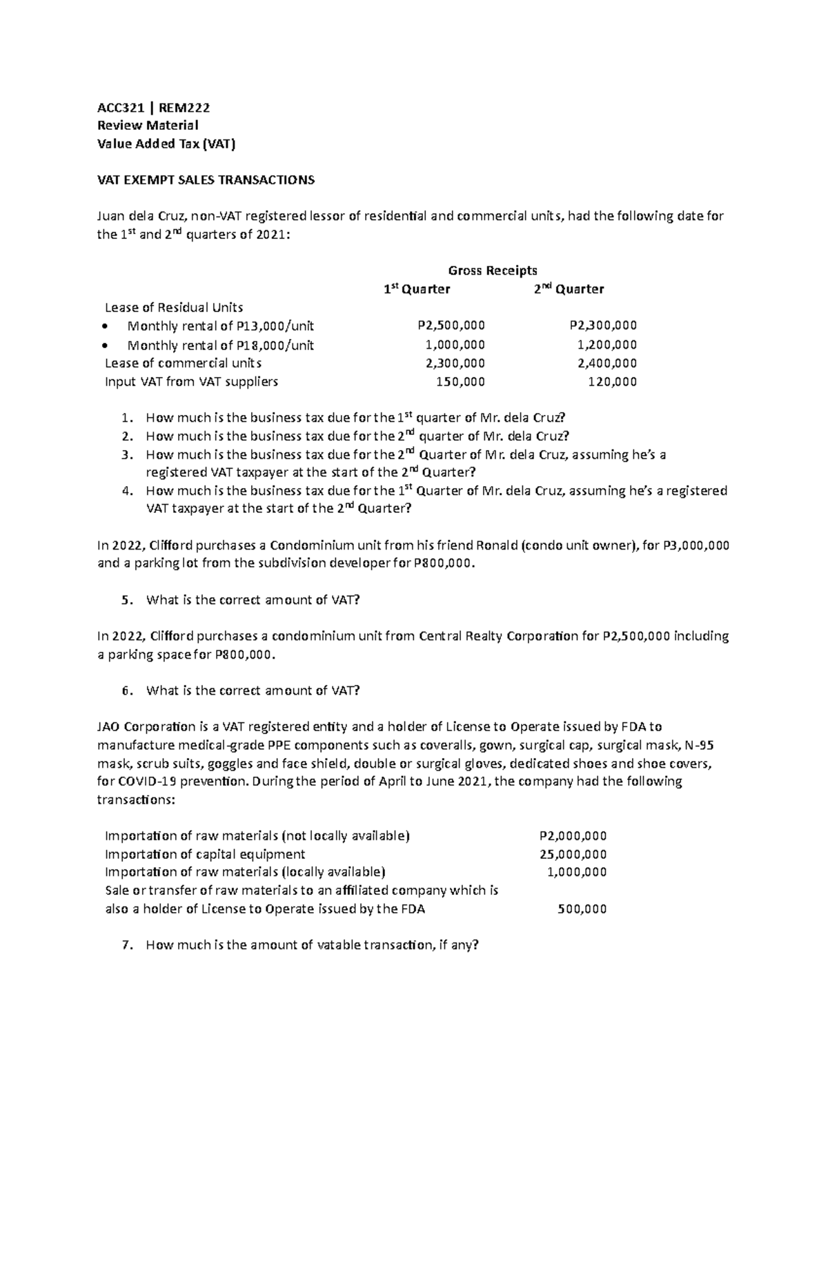 02 Review Material3rdExam ACC321 REM 222 Review Material Value Added Tax (VAT) VAT EXEMPT