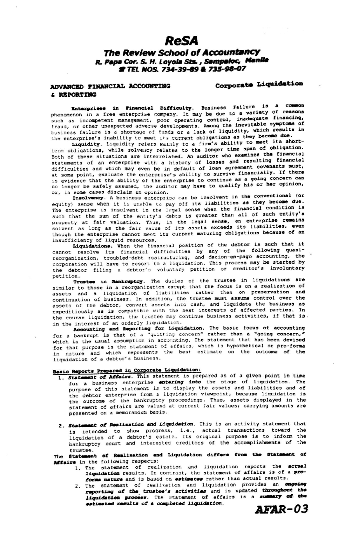 AFAR-03 - reviewer for AFAR - Bachelor of Science and Accoutancy - Studocu