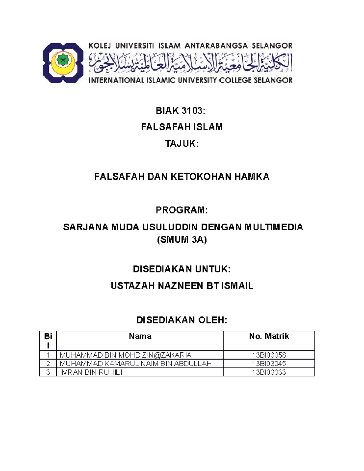 Kajian Falsafah Dan Ketokohan Hamka Biak 3103 Falsafah Islam Tajuk Falsafah Dan Ketokohan Hamka Studocu