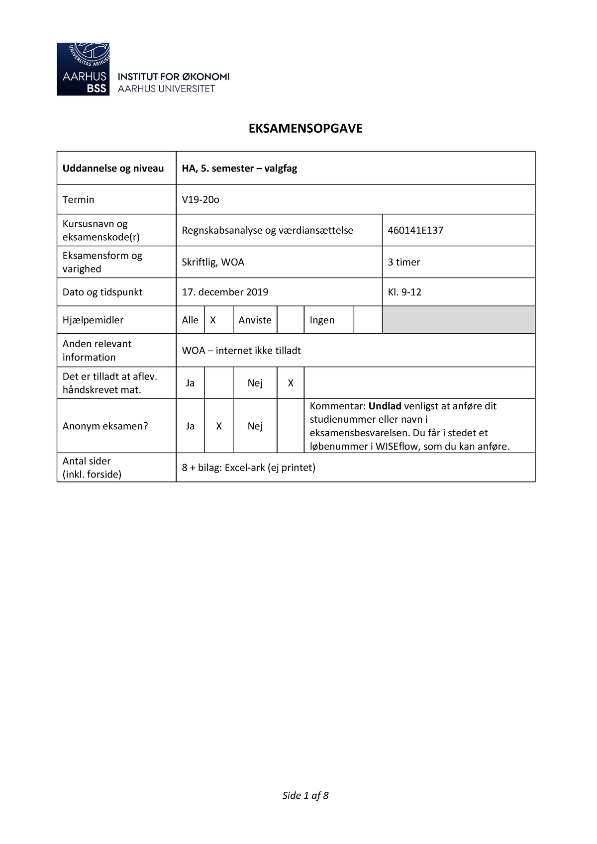 Eksamen 2019 - EKSAMENSOPGAVE Uddannelse Og Niveau HA, 5. Semester ...