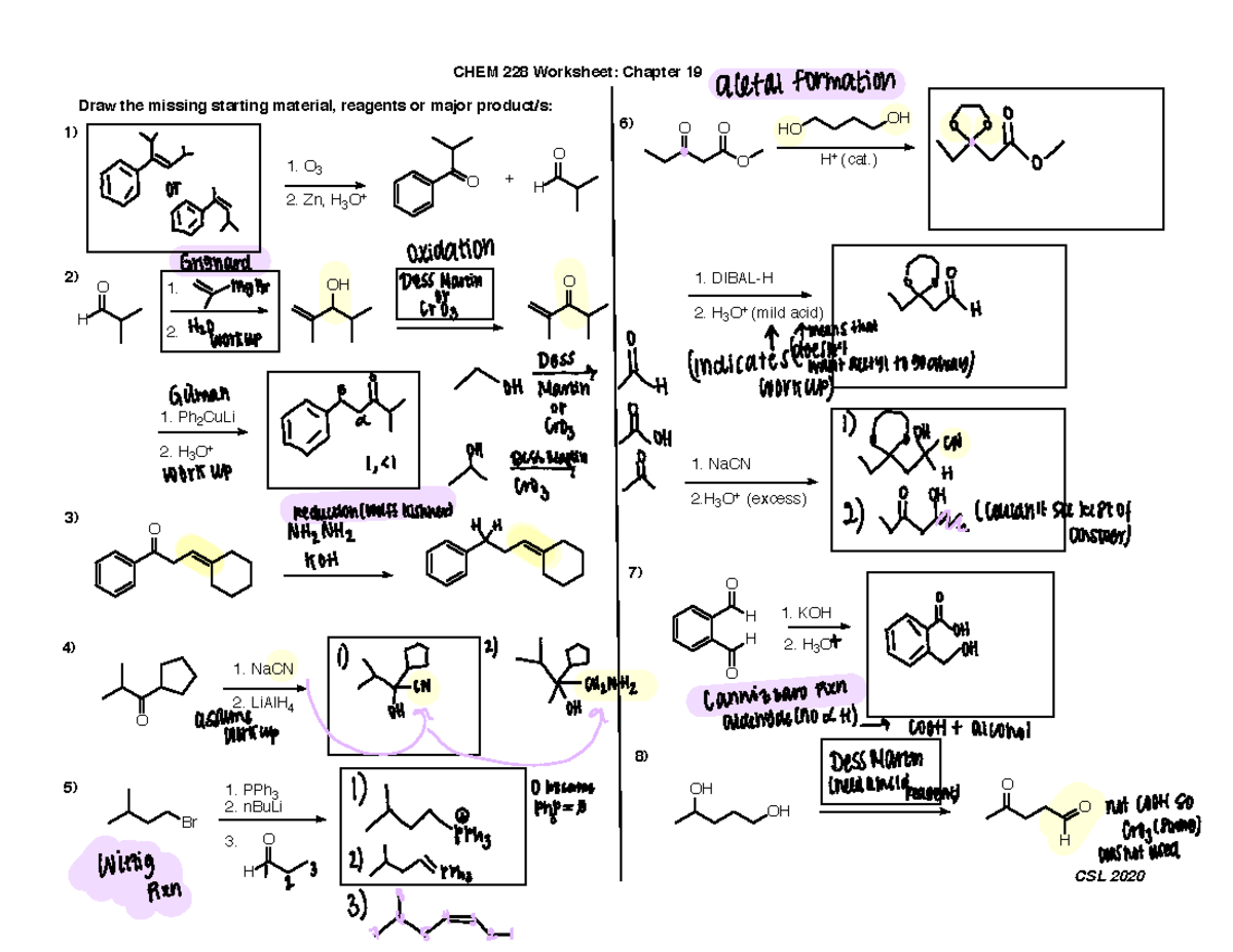 Worksheet Chapter 19 Aldehyde And Ketones - CHEM 228 Worksheet: Chapter ...