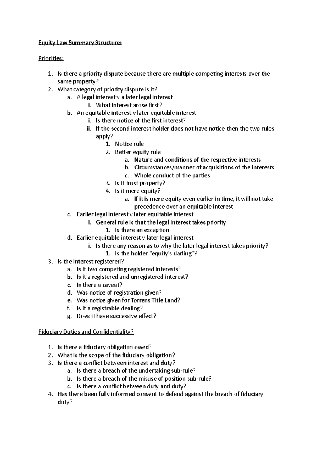 Equity Law Summary Structure - Equity Law Summary Structure: Priorities ...