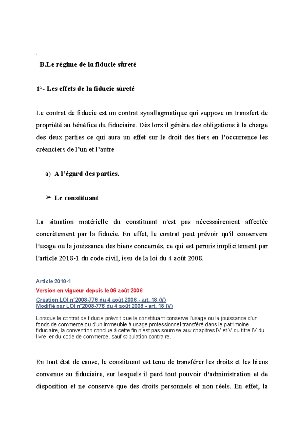 Suretes FIN Cours - . B Régime De La Fiducie Sûreté 1°- Les Effets De ...