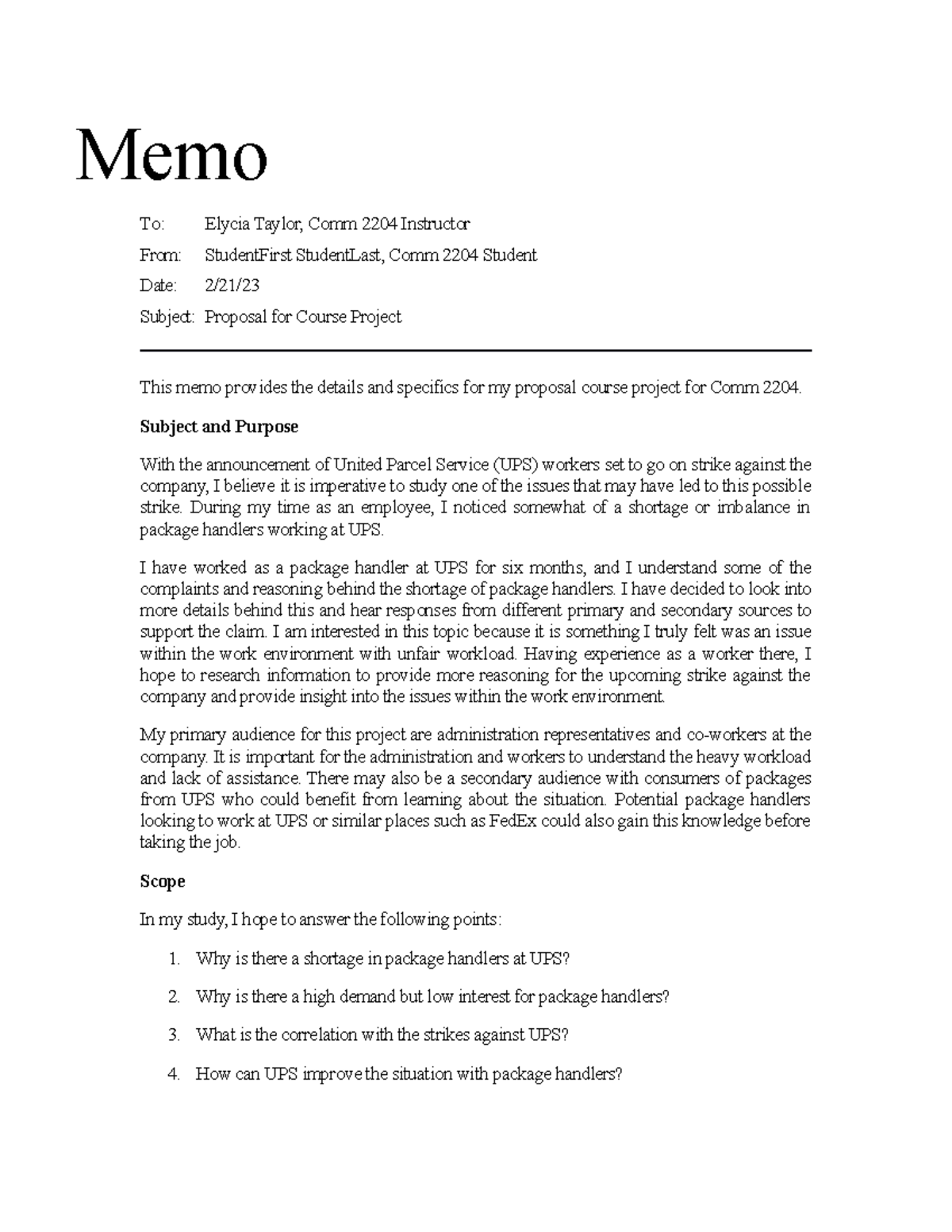 Sample Project Proposal Memo UPS - Memo To: Elycia Taylor, Comm 2204 ...