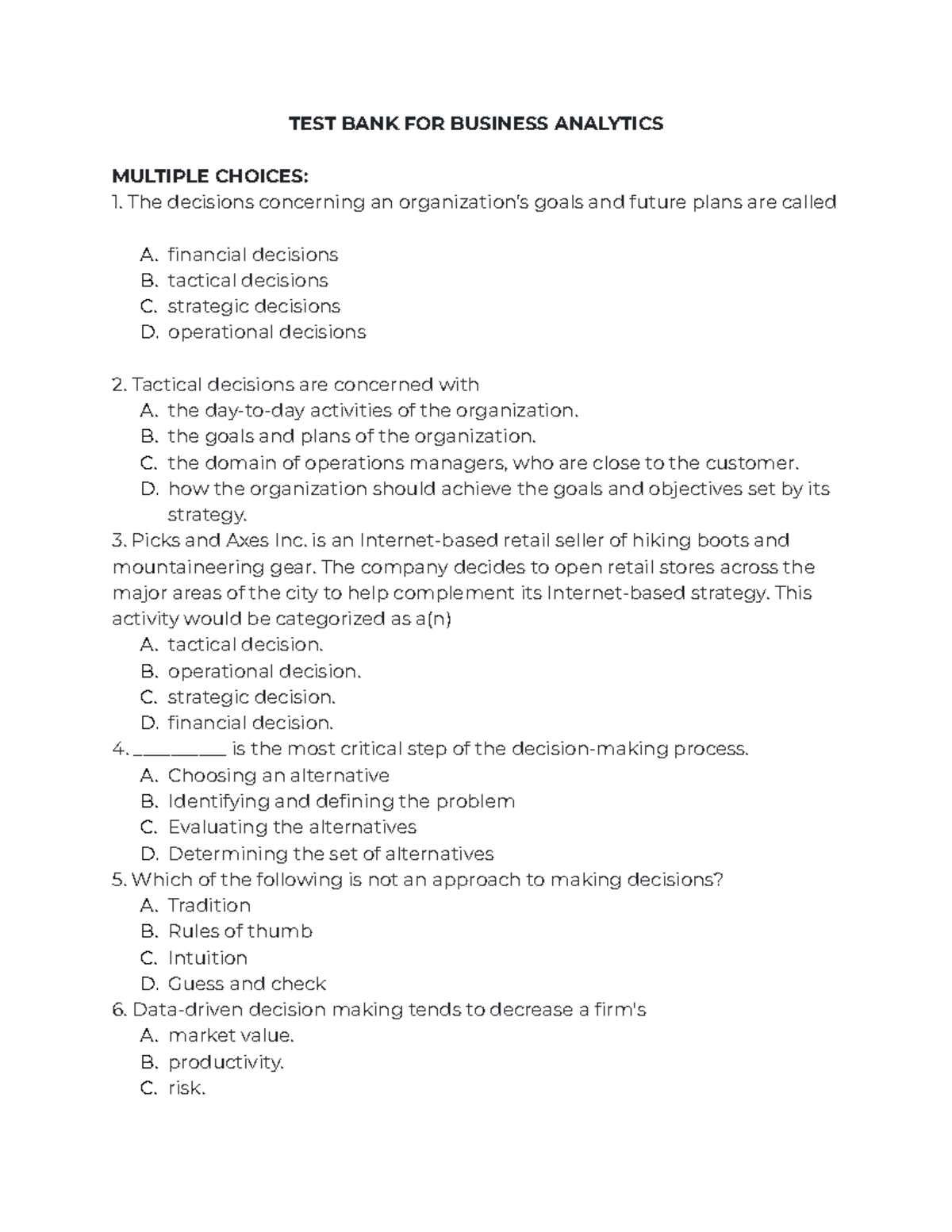 TEST BANK FOR Business Analytics - TEST BANK FOR BUSINESS ANALYTICS ...