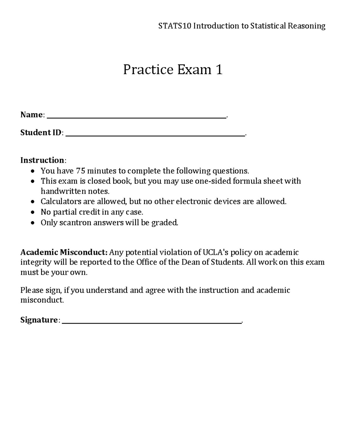 Stats 10 Practice Exam 1 - STATS10 Introduction to Statistical ...