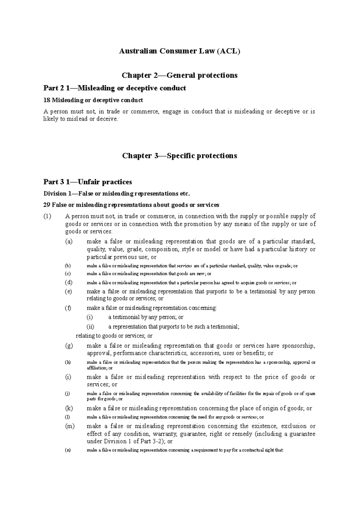 ACL (sections 18, 29 remedies) - Australian Consumer Law (ACL) Chapter ...