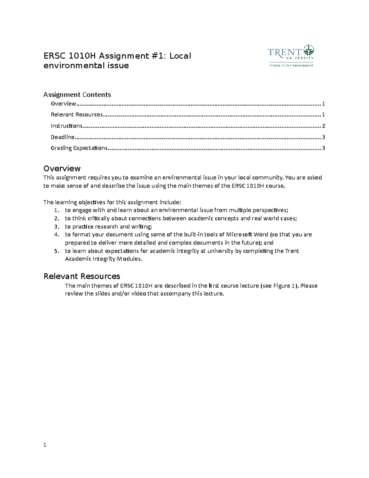 ERSC 1010H Assignment #1 - - Studocu
