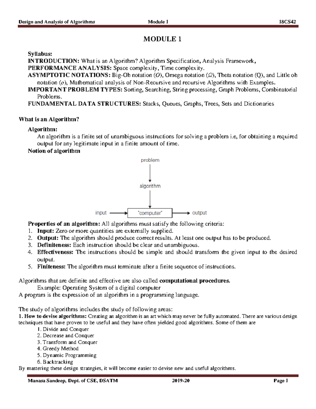 Module 1 DAA Notes - MODULE 1 Syllabus: INTRODUCTION: What is an ...