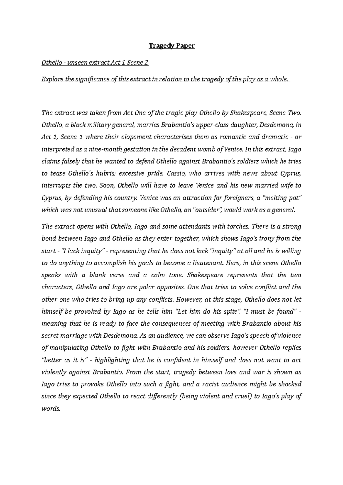 Tragedy Paper - Tragedy Paper Othello - unseen extract Act 1 Scene 2 ...