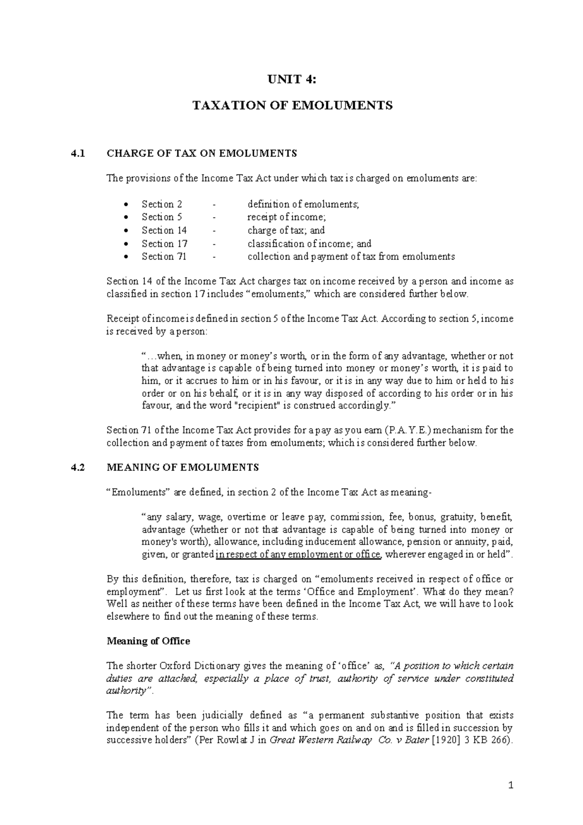 Unit 4. tax law. taxation of emoluments - UNIT 4: TAXATION OF ...