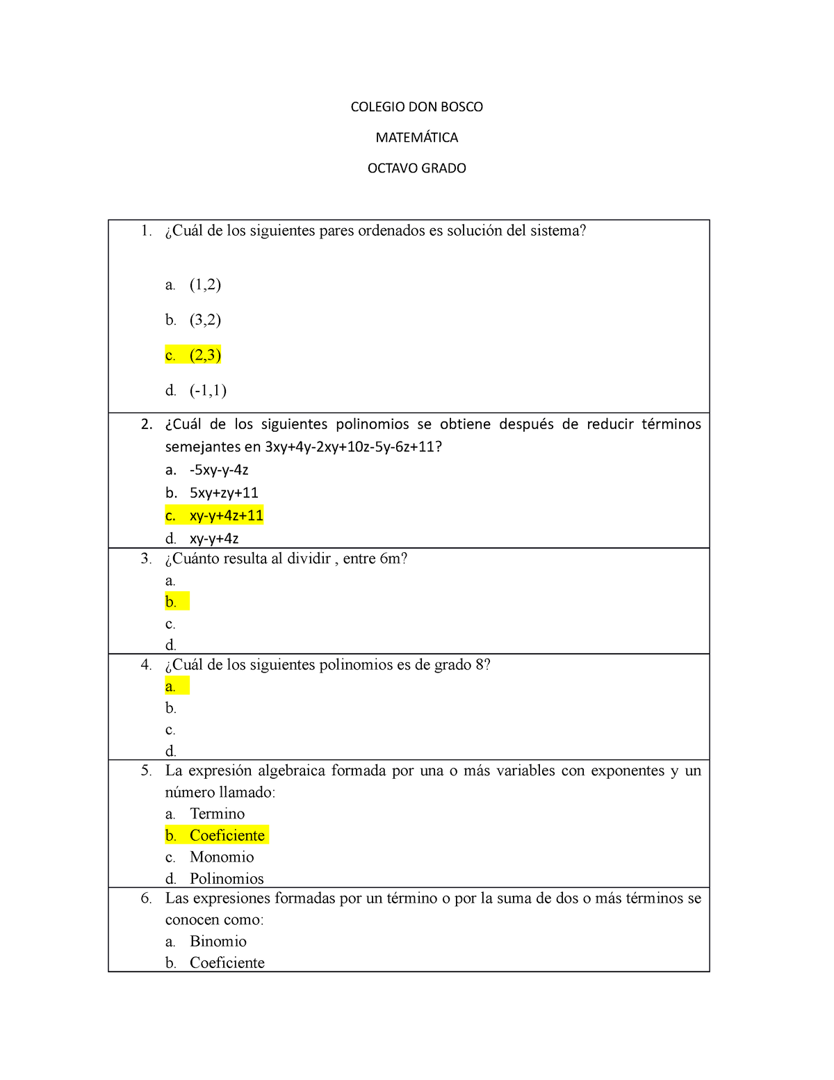 Matematica 8 Grado Preguntas- Respuestas - COLEGIO DON BOSCO MATEMÁTICA ...