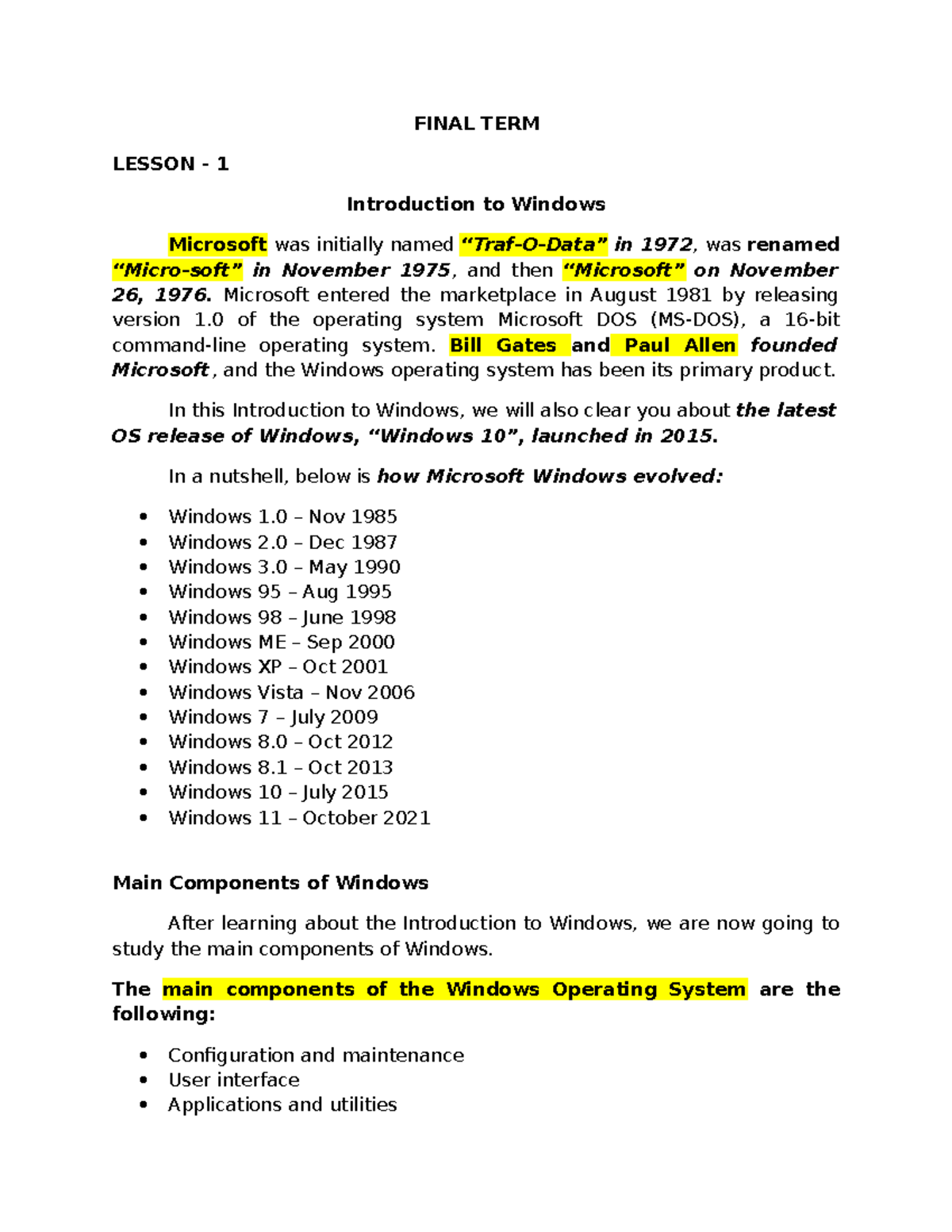 Basic Computer Report - FINAL TERM LESSON - 1 Introduction to Windows ...