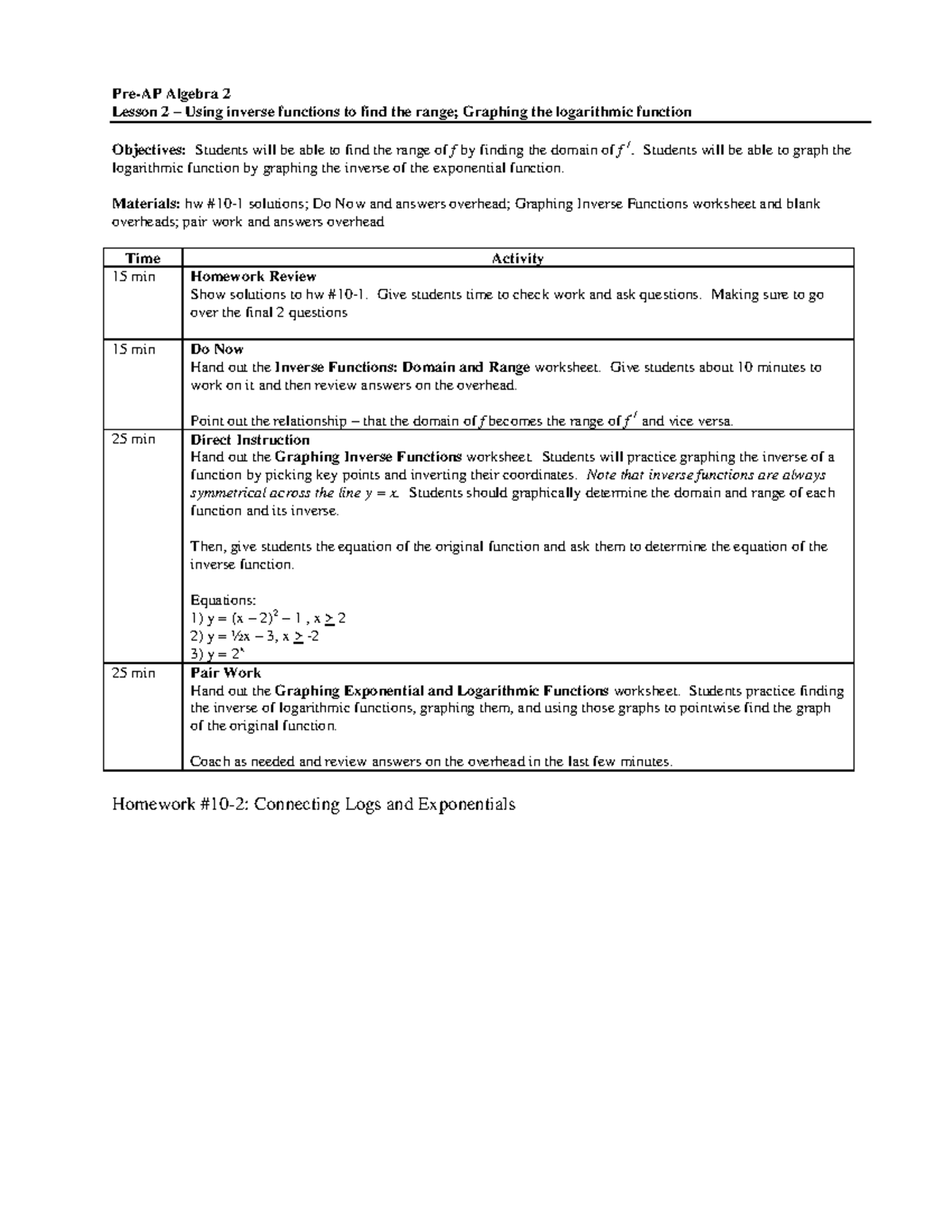 Lesson 20 - Graphing inverse functions notes - Mathematics Throughout Domain And Range Worksheet 1