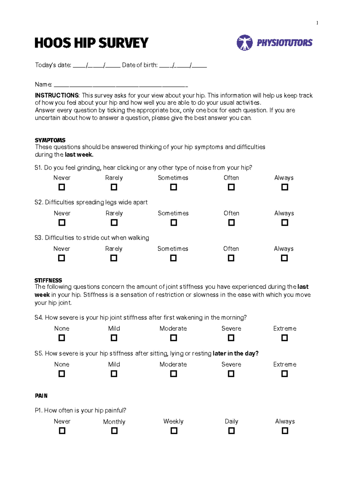 Hoos hip survey - Escala de valoración Hoos - 1 HOOS HIP SURVEY Today’s ...