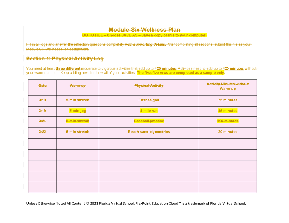 Module six wellness plan - Module Six Wellness Plan GO TO FILE – Choose ...