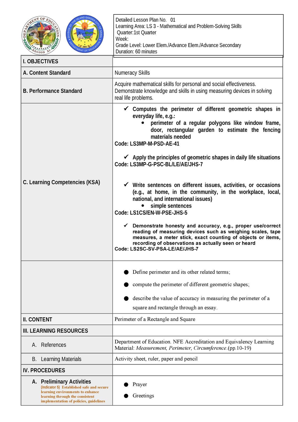 1st Quarter CO-DLP- Perimeter - I. OBJECTIVES A. Content Standard ...