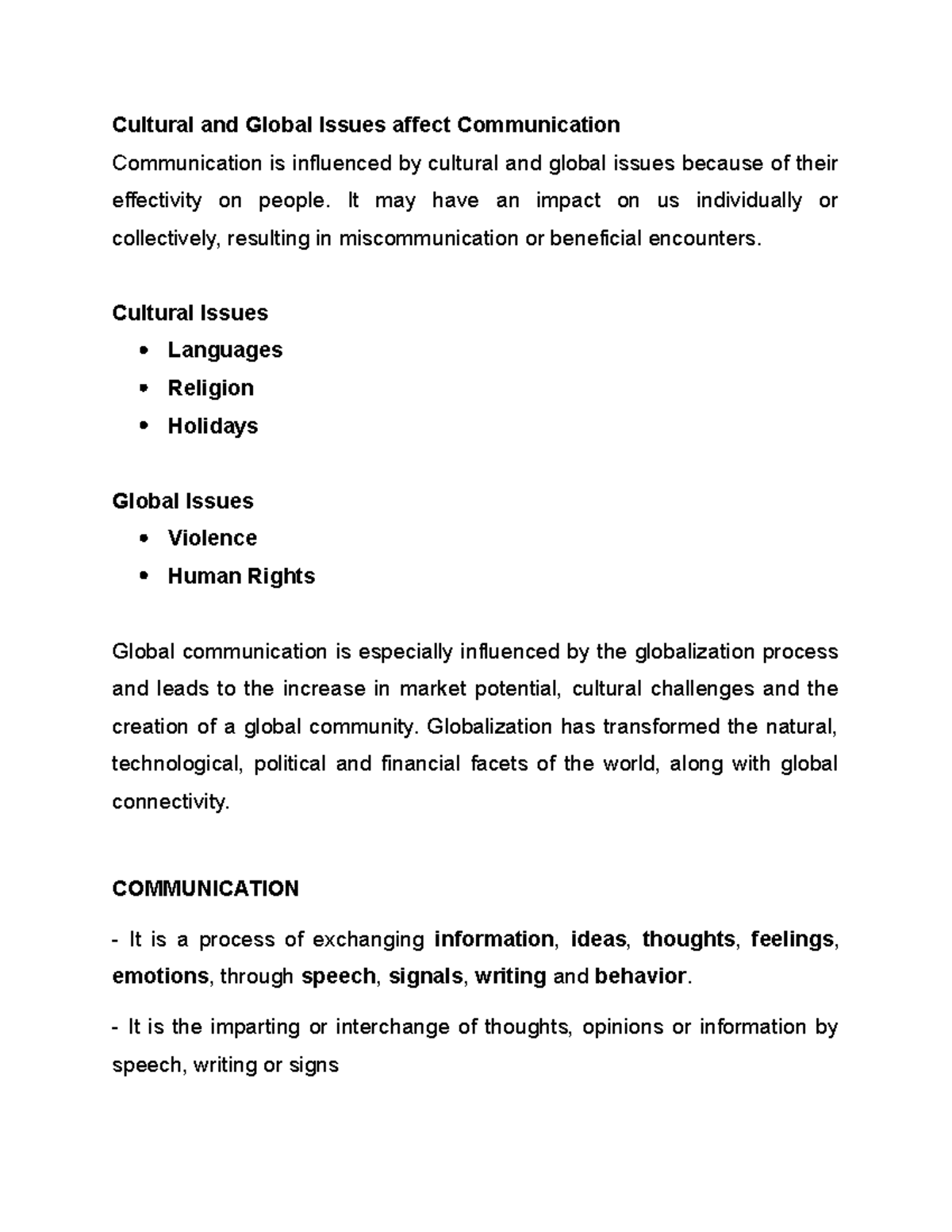 Purcomm notes - Cultural and Global Issues affect Communication ...