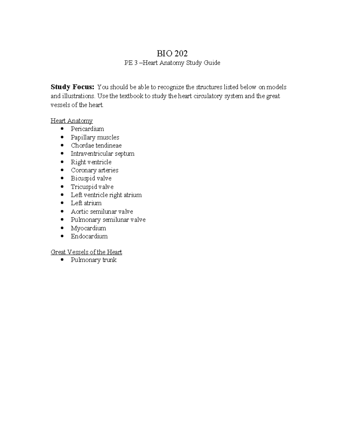 BIO 202 PE 3 Heart anatomy study guide BIO 202 PE 3 Heart Anatomy
