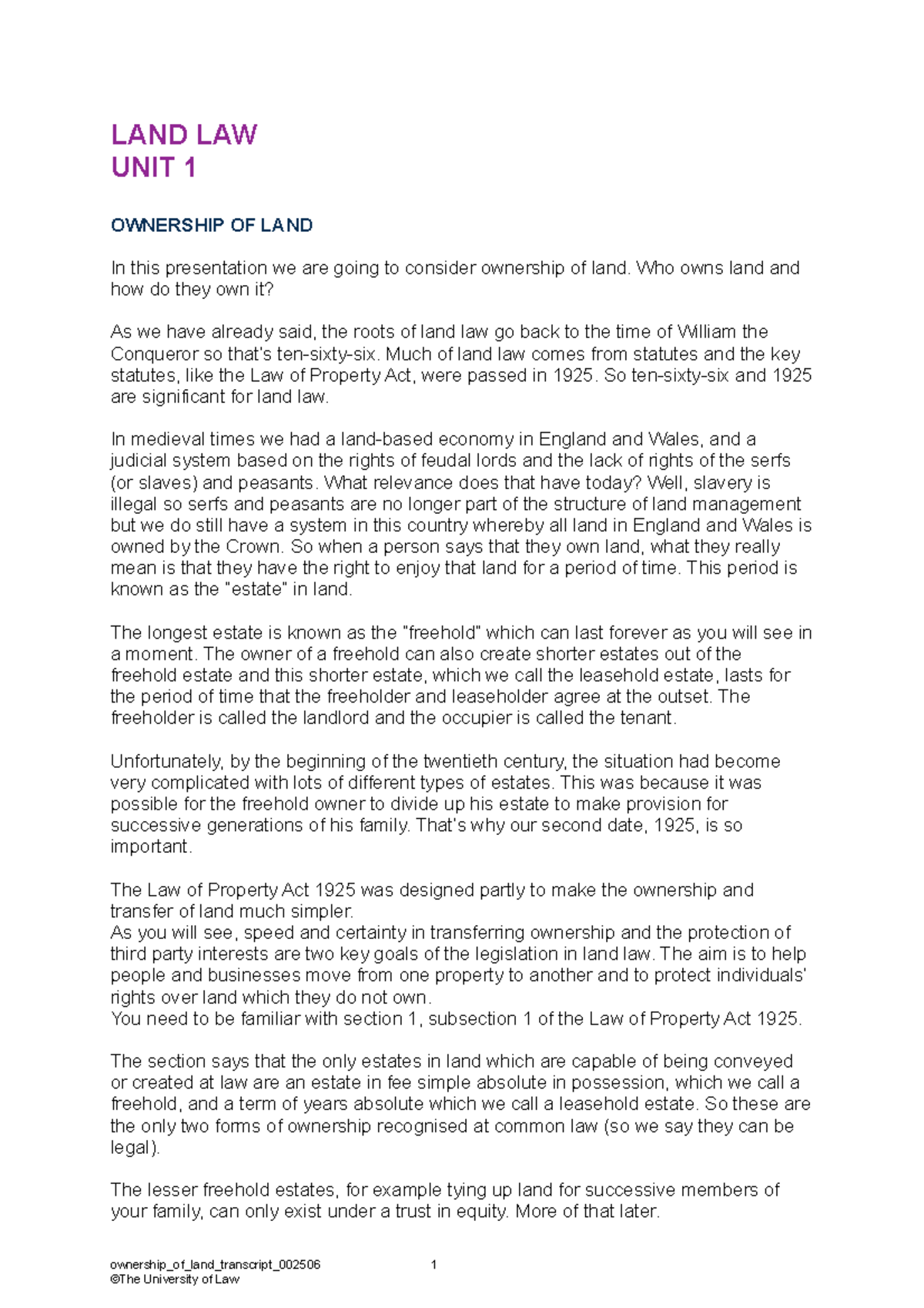 Ownership of land transcript 002506 - LAND LAW UNIT 1 OWNERSHIP OF LAND ...