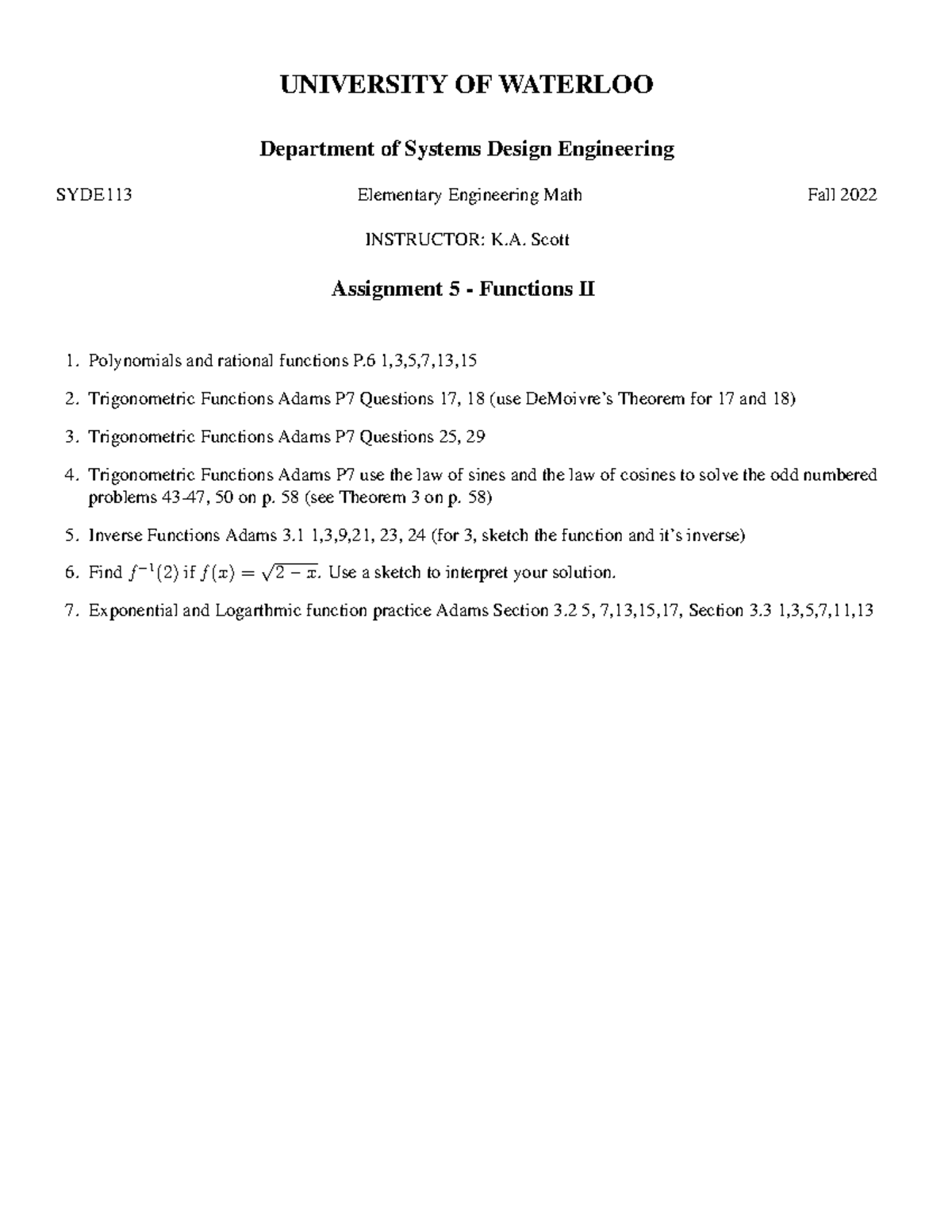 SYDE113 asst5 functions - UNIVERSITY OF WATERLOO Department of Systems ...