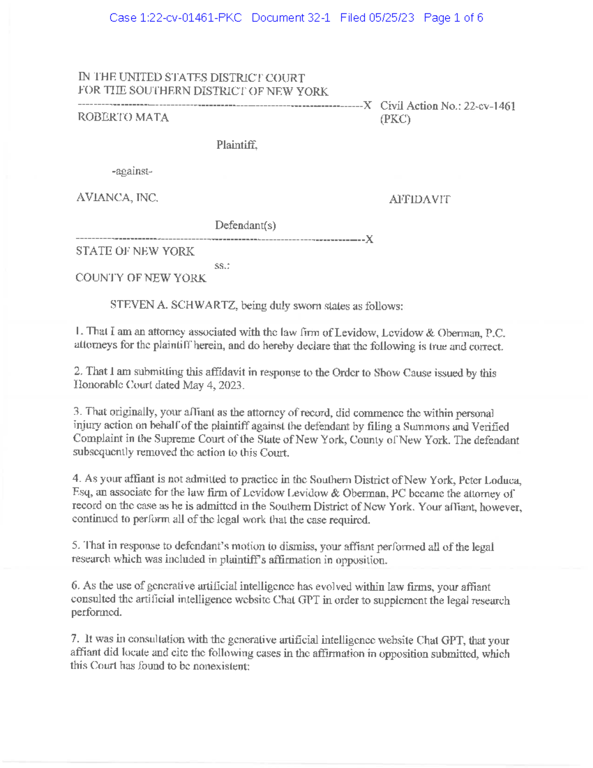 Mata v avianca airlines affidavit in opposition to motion - Case 1:22 ...