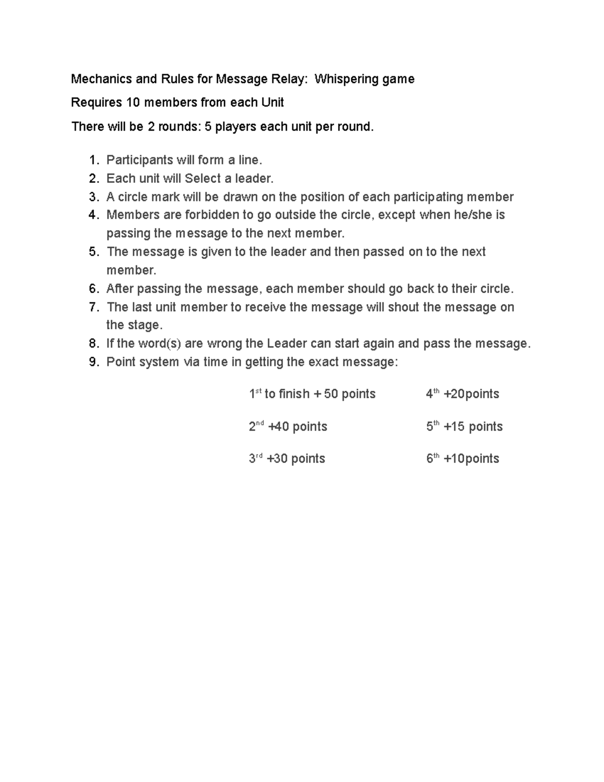 Mechanics and Rules for Message Relay Participants will form a line