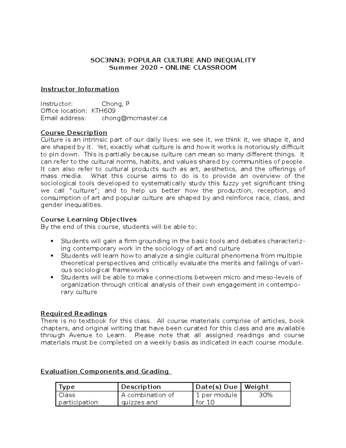 SOC3NN3 Syllabus Summer 2020 Chong - SOC3NN3: POPULAR CULTURE AND ...