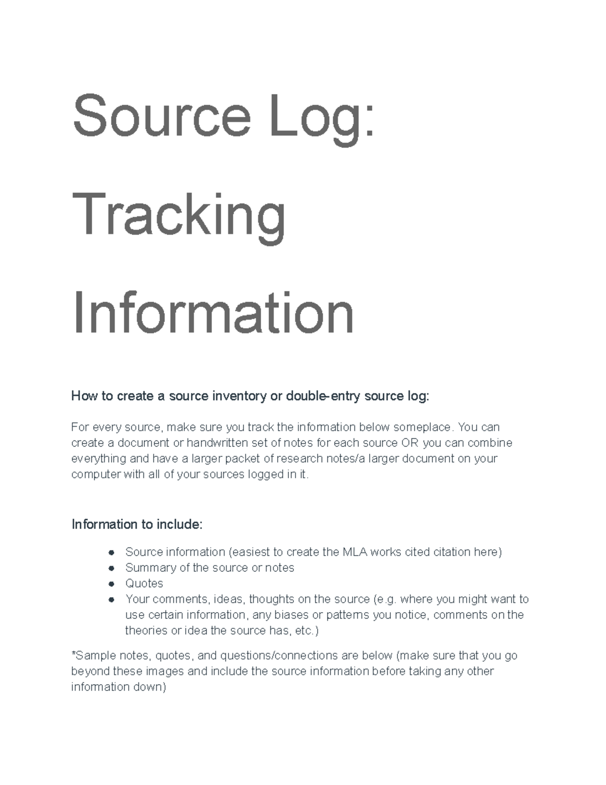 Untitled document - n/a - Source Log: Tracking Information How to ...