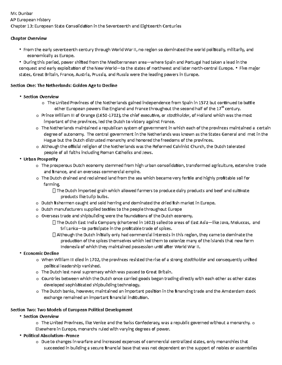 AP Euro- Chapter 13 Outline - Mr. Dunbar AP European History Chapter 13 ...