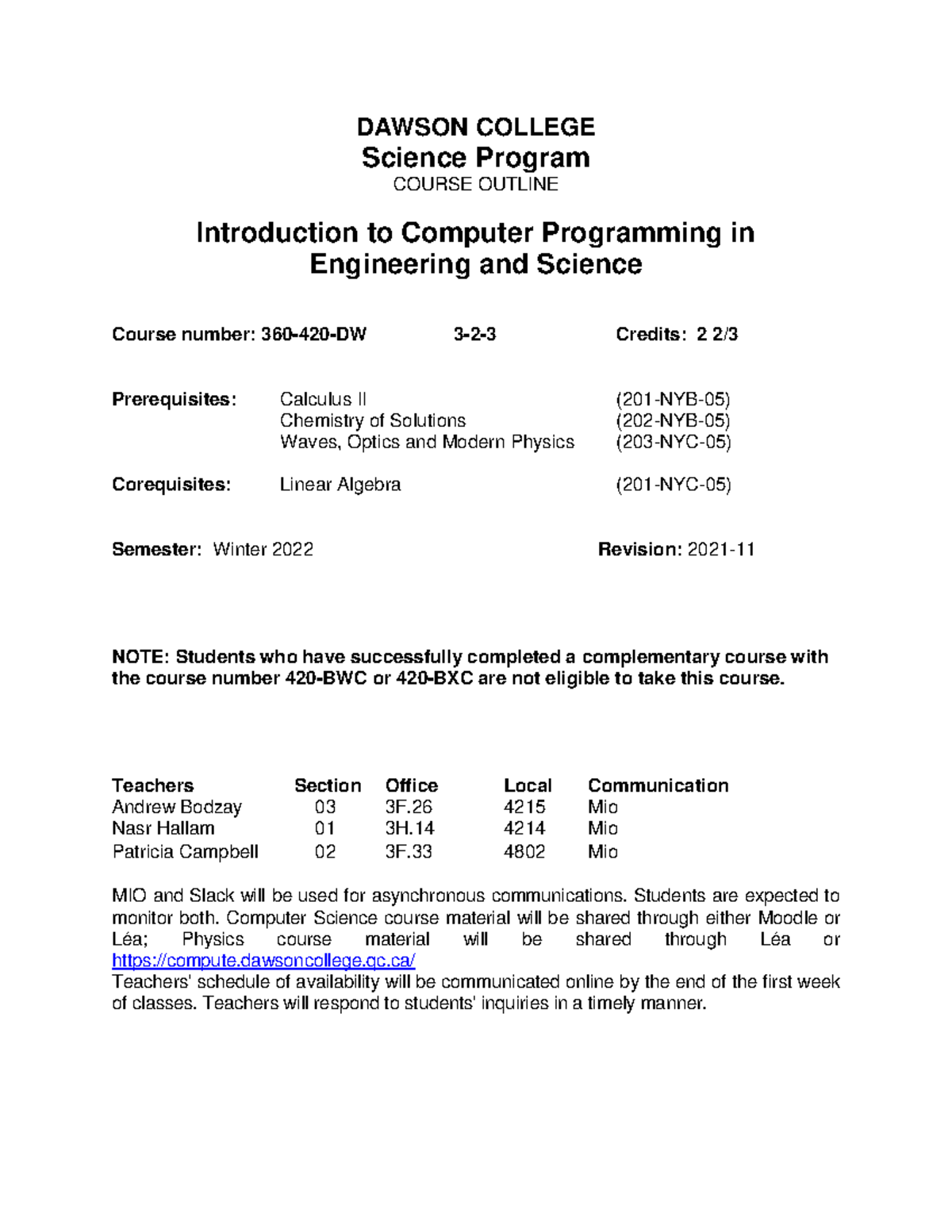 360 420 Python AB NH PC W2022 2 - DAWSON COLLEGE Science Program COURSE ...
