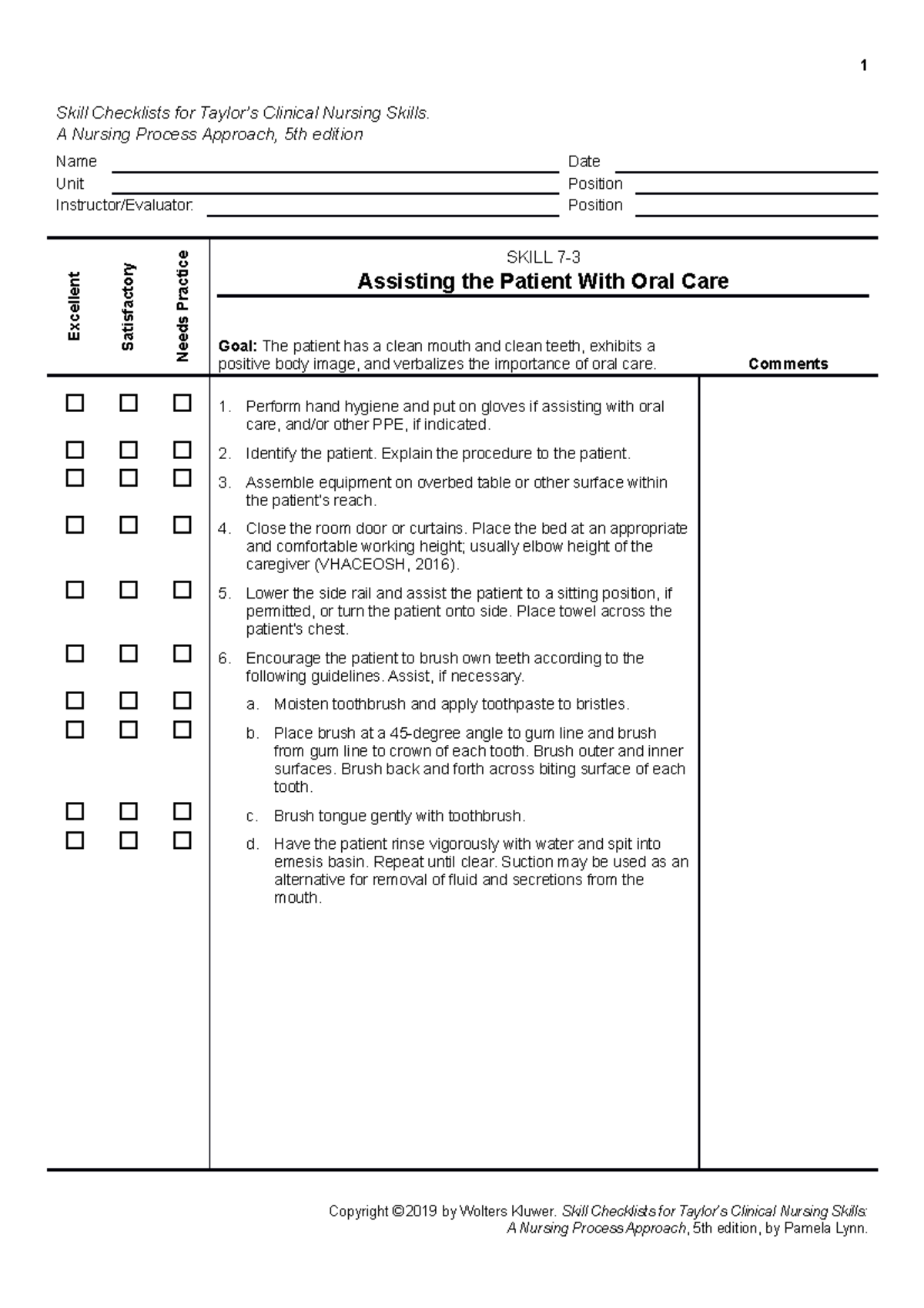 Skill 7-3 - Nursing steps - 1 Skill Checklists for Taylor’s Clinical ...