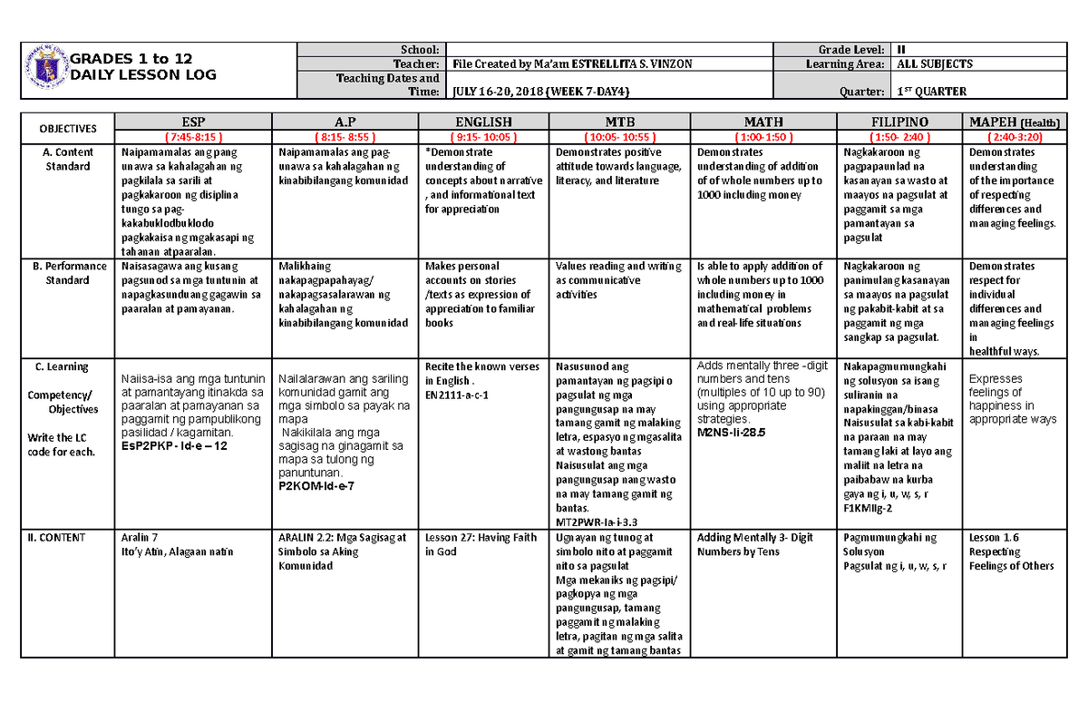 Dll All Subjects 2 Q1 W7 D4 Grades 1 To 12 Daily Lesson Log School Grade Level Ii Teacher 6026