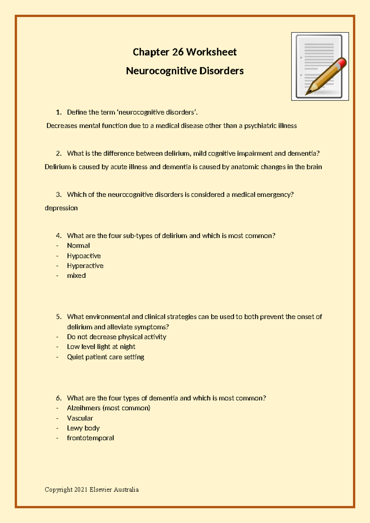 Chapter 026 Worksheet - Chapter 26 Worksheet Neurocognitive Disorders 1 ...