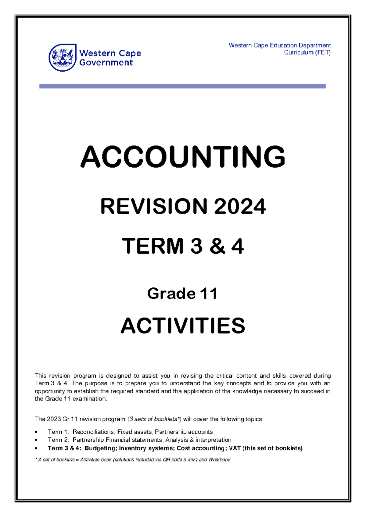 Accounting Grade 11 Revision Terms 3 and 4 2024 - Western Cape ...
