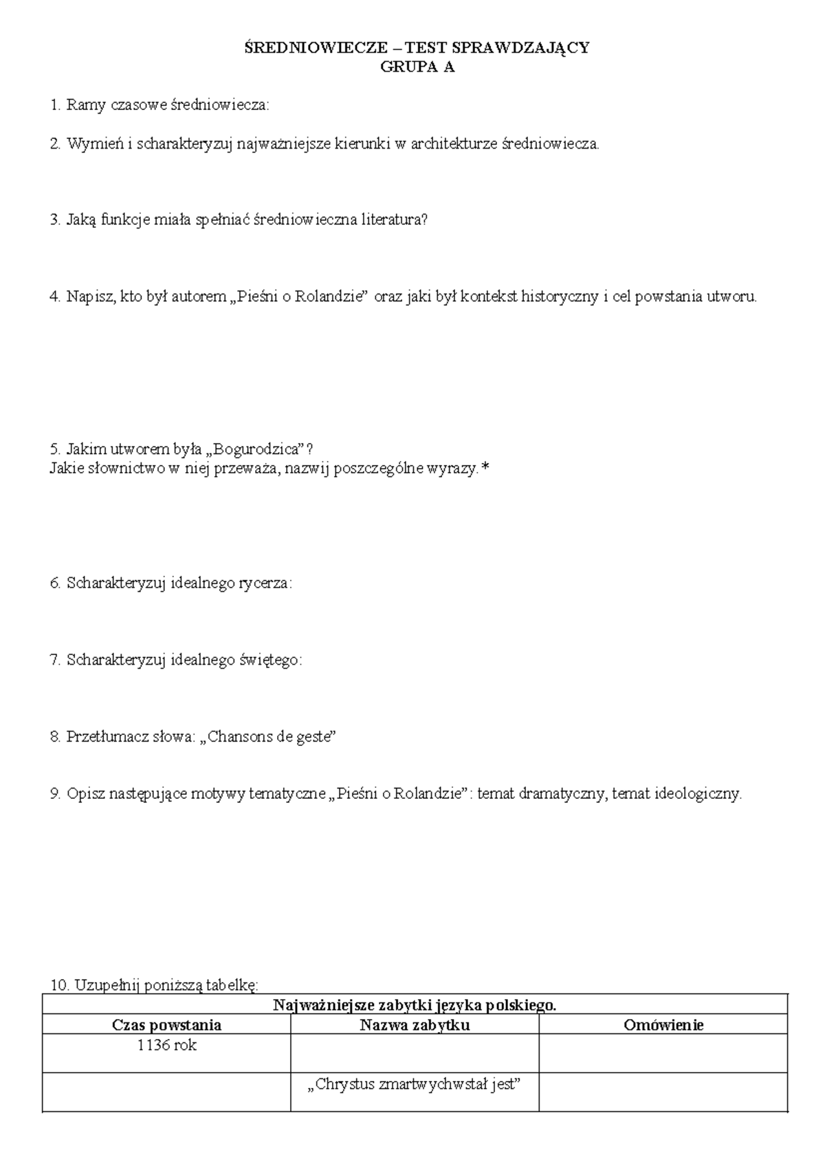 Sprawdzian średniowiecze Liceum J Polski www.studocu.com