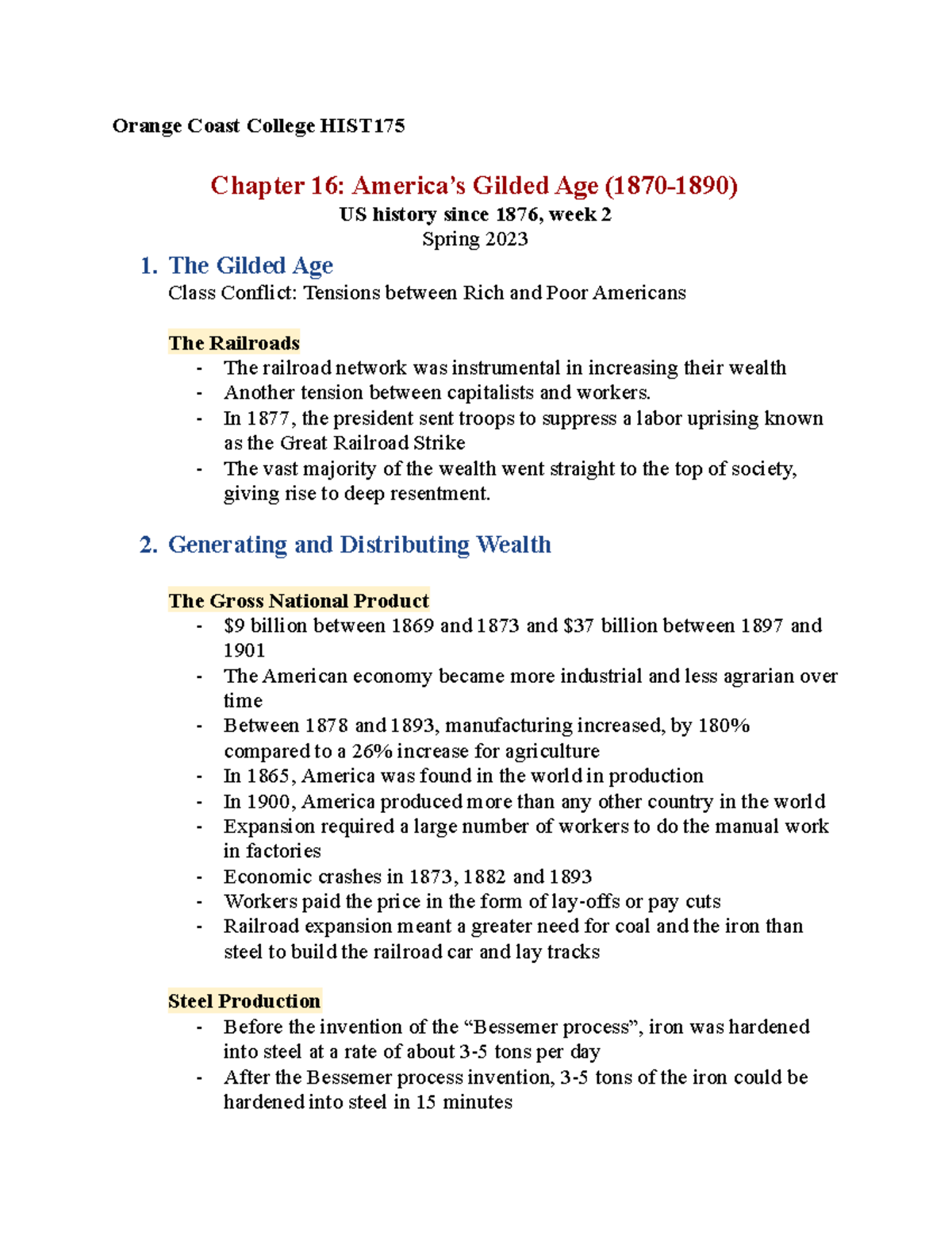 Week 2 Notes - US History Since 1876 Note Taking Week 2 - Orange Coast ...